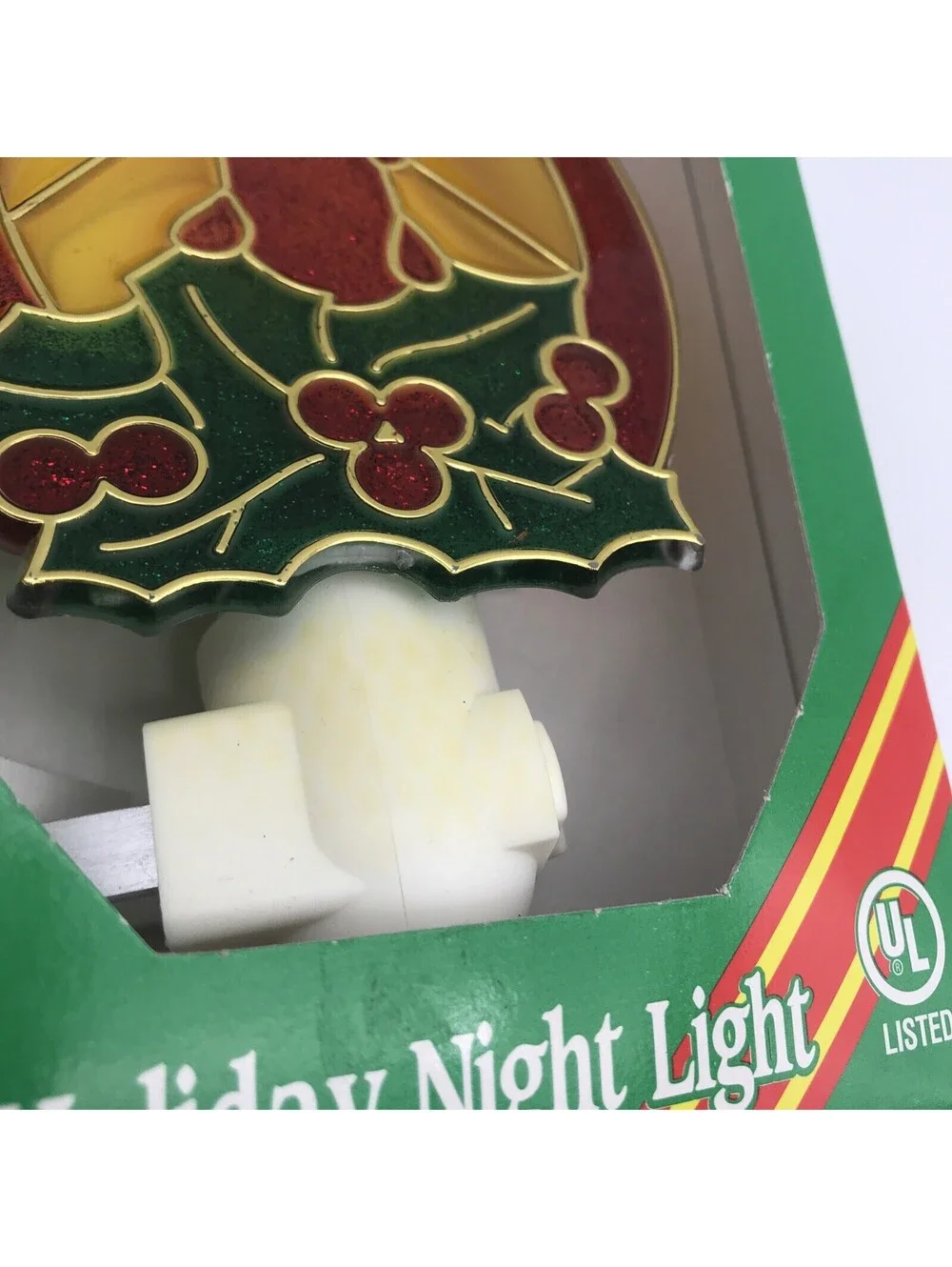 Vintage Christmas Night Light Stained Glass Candle Holly Decoration Glow Taiwan